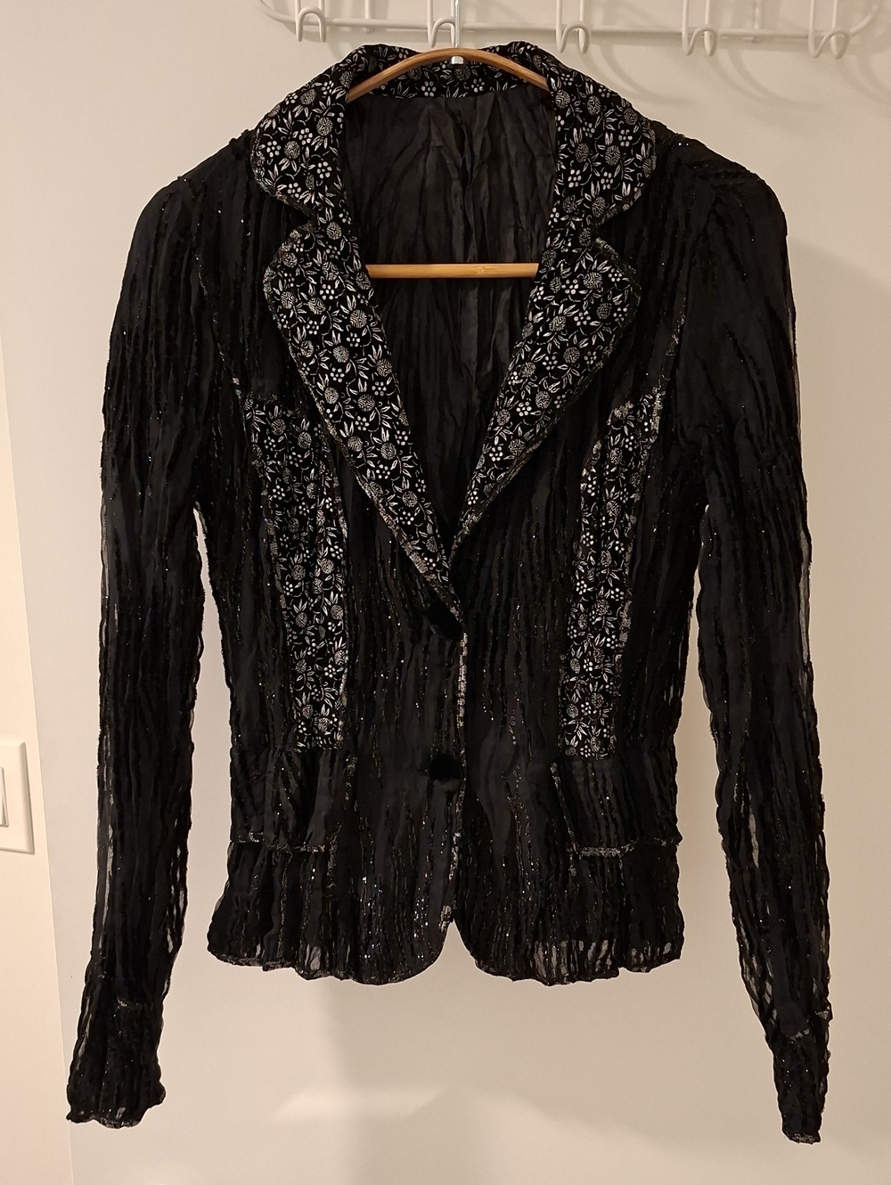 Black Sheer Velvet Floral Whimsigoth Blazer w/ Metallic Silver Accents (Size XS)